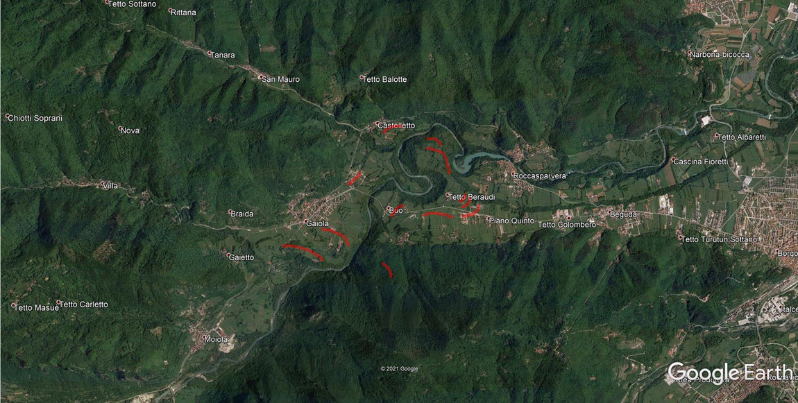 Immagine satellitare dell'area, con evidenziate le principali morene