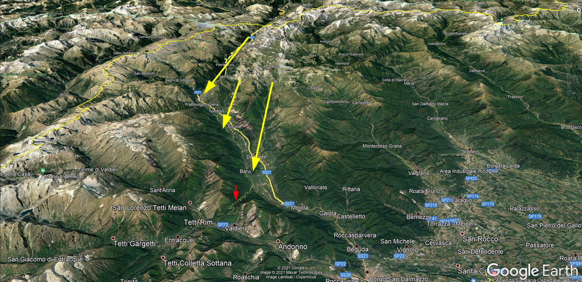 Immagine satellitare con le direzioni delle valli laterali e del tratto iniziale della Valle Stura