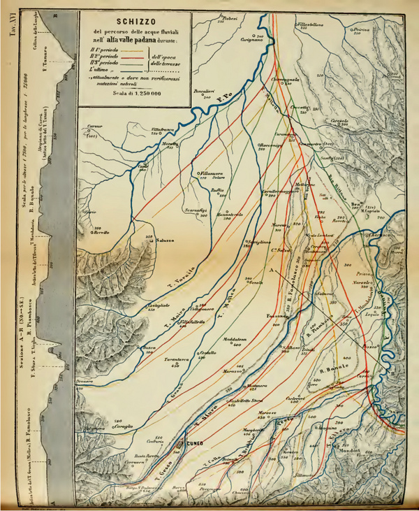 carta di Federico Sacco sulle deviazioni fluviali della pianura cuneese (1888)