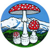 Logo dell'Associazione, formato da tre Amanite muscaria in diverse fasi di sviluppo e sullo sfondo la sagoma della Bisalta