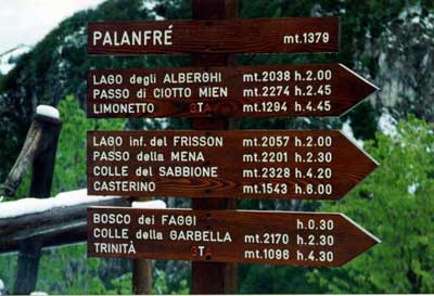 Cartelli indicatori nel bosco con le diverse destinazioni e il tempo per raggiungerle a piedi.