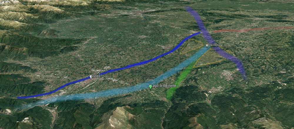 Immagine satellitare con indicate le direzioni antiche dei fiumi